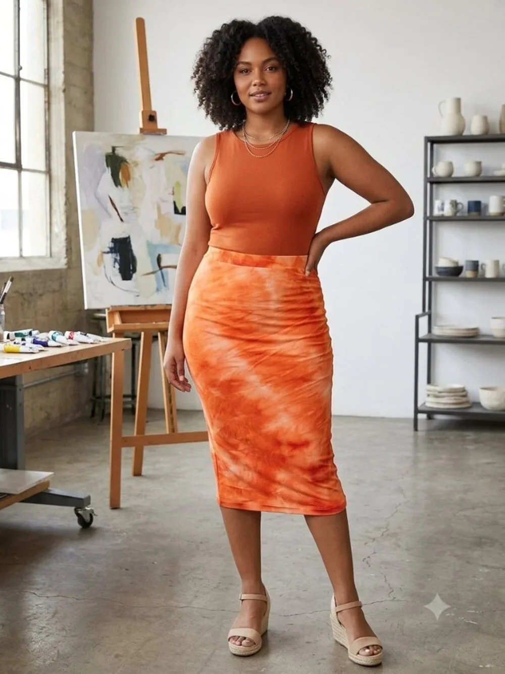 NWT JLUXLABEL Orange Tie Dye Pencil Skirt